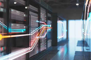 Serverraum mit mehreren Serverschränken, durch die bunte Lichtlinien verlaufen, die Datenströme symbolisieren.