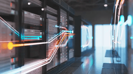 IT 2024 Serverraum mit mehreren Serverschränken, durch die bunte Lichtlinien verlaufen, die Datenströme symbolisieren.