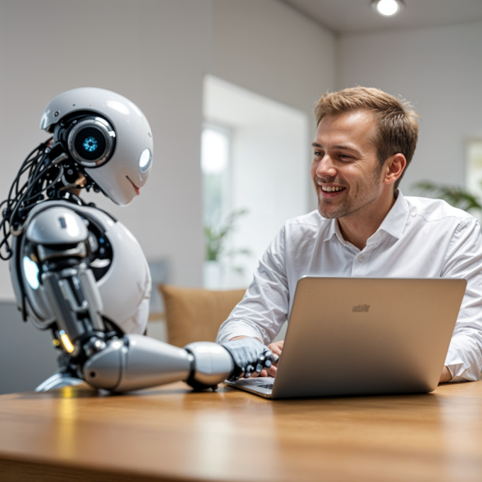KI_Chatbot Mensch und humanoider Roboter sitzen an einem Tisch, der Mensch arbeitet am Laptop und beide lächeln sich an.