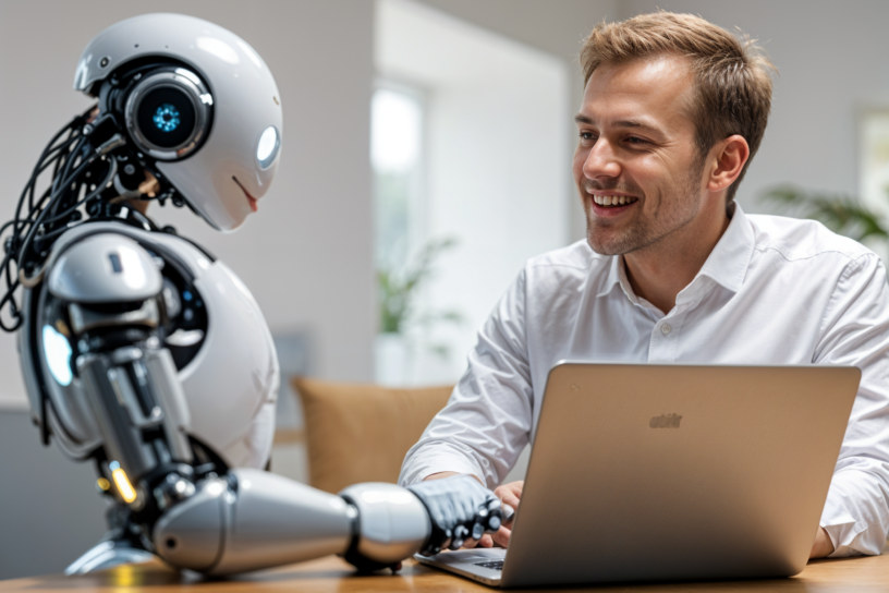 Mensch und humanoider Roboter sitzen an einem Tisch, der Mensch arbeitet am Laptop und beide lächeln sich an.