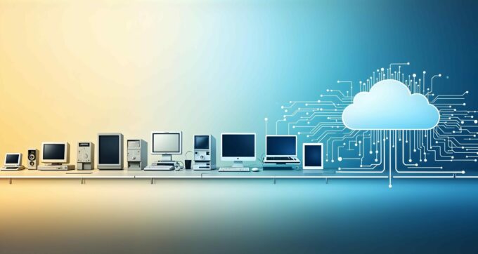 Reihe von Computern und technischen Geräten aus verschiedenen Jahrzehnten, von alten PCs bis zu modernen Laptops und Smartphones, vor digitalem Hintergrund mit Cloud-Symbol.