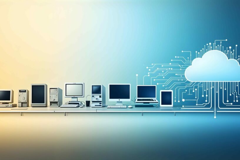 Reihe von Computern und technischen Geräten aus verschiedenen Jahrzehnten, von alten PCs bis zu modernen Laptops und Smartphones, vor digitalem Hintergrund mit Cloud-Symbol.