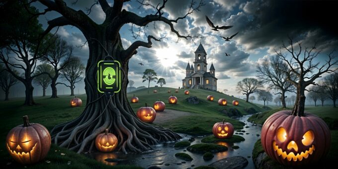 halloween_2024_Biometrischer_Zugang Eine gruselige Halloween-Landschaft mit Kürbislaternen, einem alten Schloss auf einem Hügel und einem großen Baum, an dem ein biometrischer Zugangssensor mit einem grünen Gesicht leuchtet.