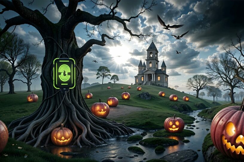 halloween_2024_Biometrischer_Zugang Eine gruselige Halloween-Landschaft mit Kürbislaternen, einem alten Schloss auf einem Hügel und einem großen Baum, an dem ein biometrischer Zugangssensor mit einem grünen Gesicht leuchtet.