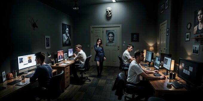 Dunkler Raum mit mehreren Personen an Computern, eine Frau steht in der Mitte, an den Wänden hängen düstere Porträts und ein Totenkopf.