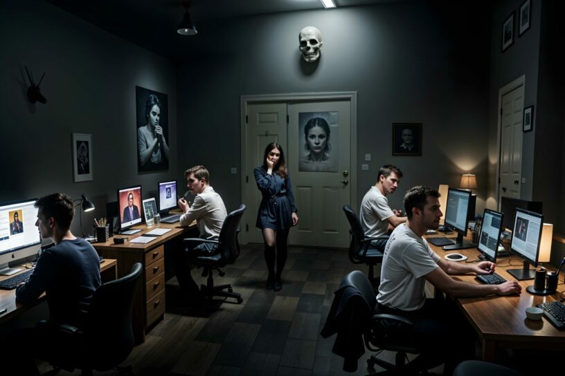 halloween_2024_Darknet Dunkler Raum mit mehreren Personen an Computern, eine Frau steht in der Mitte, an den Wänden hängen düstere Porträts und ein Totenkopf.