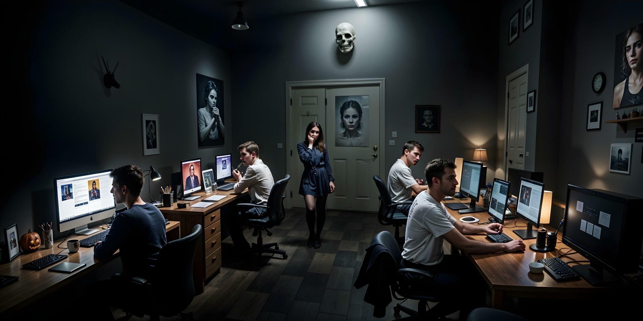 Dunkler Raum mit mehreren Personen an Computern, eine Frau steht in der Mitte, an den Wänden hängen düstere Porträts und ein Totenkopf.