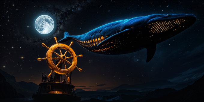 Großer, leuchtender Wal schwebt nachts neben einem Schiffssteuerrad unter dem Vollmond, inspiriert von Microservices- und Docker-Symbolik.