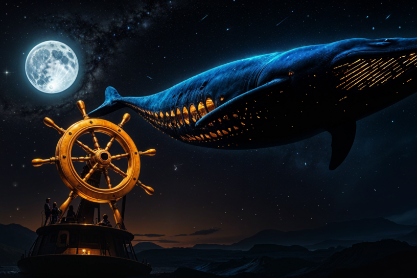 halloween_2024_Microservices Großer, leuchtender Wal schwebt nachts neben einem Schiffssteuerrad unter dem Vollmond, inspiriert von Microservices- und Docker-Symbolik.