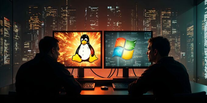 halloween_2024_Samba-Albtraum Zwei Personen sitzen nachts vor Monitoren mit den Logos von Linux (Tux-Pinguin) und Windows. Im Hintergrund leuchtet eine Stadt, die Bildschirme sind von dramatischem Licht umgeben.