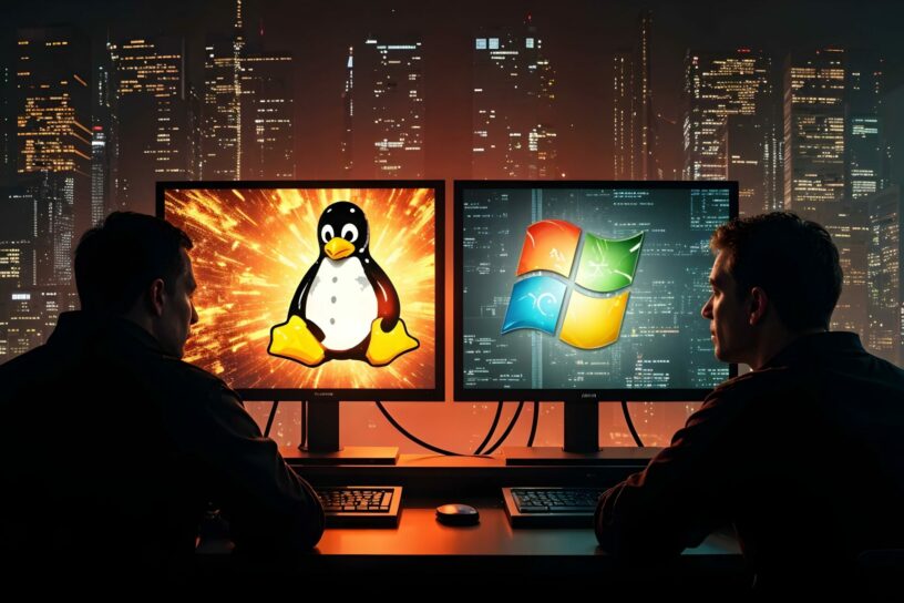halloween_2024_Samba-Albtraum Zwei Personen sitzen nachts vor Monitoren mit den Logos von Linux (Tux-Pinguin) und Windows. Im Hintergrund leuchtet eine Stadt, die Bildschirme sind von dramatischem Licht umgeben.