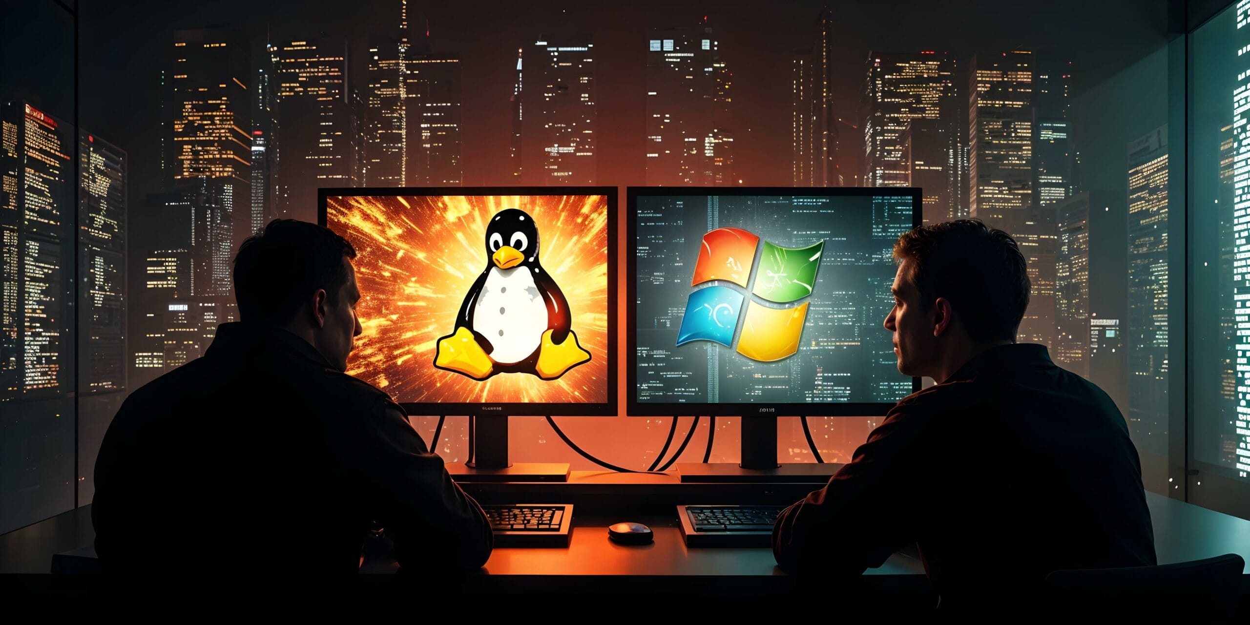halloween_2024_Samba-Albtraum Zwei Personen sitzen nachts vor Monitoren mit den Logos von Linux (Tux-Pinguin) und Windows. Im Hintergrund leuchtet eine Stadt, die Bildschirme sind von dramatischem Licht umgeben.