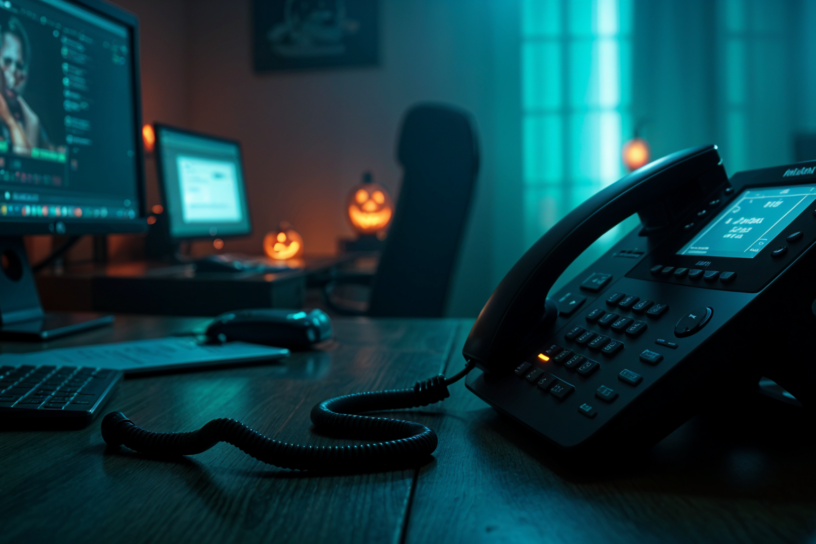 halloween_2024_SchattenNetzwerk Dunkles Büro mit Telefon im Vordergrund, Computer im Hintergrund und leuchtenden Halloween-Kürbissen, geheimnisvolle Lichtstimmung.