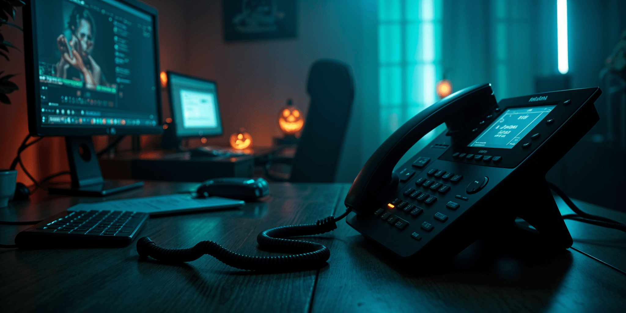 Dunkles Büro mit Telefon im Vordergrund, Computer im Hintergrund und leuchtenden Halloween-Kürbissen, geheimnisvolle Lichtstimmung.