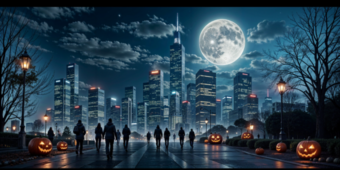 halloween_2024_Smart_City Moderne Großstadt bei Nacht mit leuchtenden Hochhäusern, Vollmond am Himmel, Menschen auf der Straße und Halloween-Kürbissen.