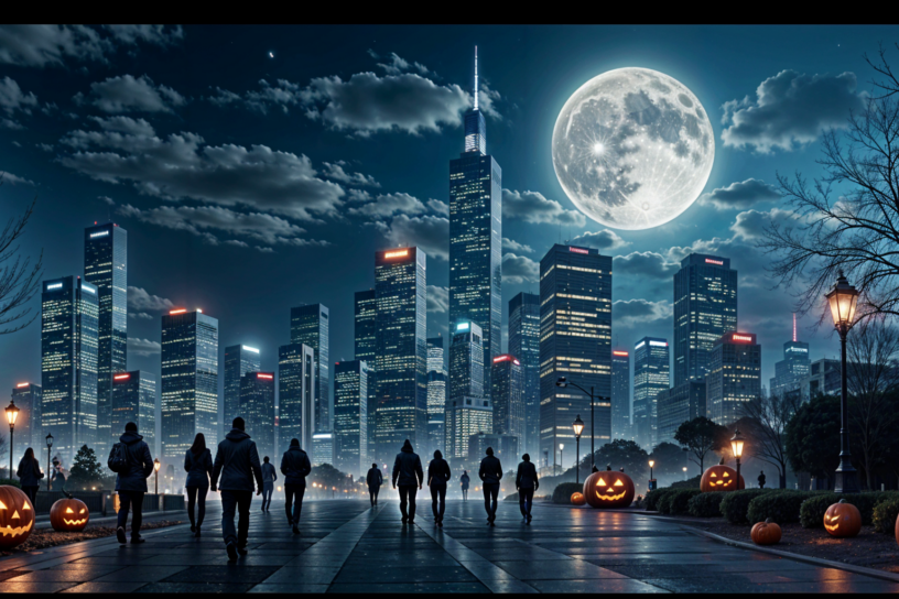 halloween_2024_Smart_City Moderne Großstadt bei Nacht mit leuchtenden Hochhäusern, Vollmond am Himmel, Menschen auf der Straße und Halloween-Kürbissen.