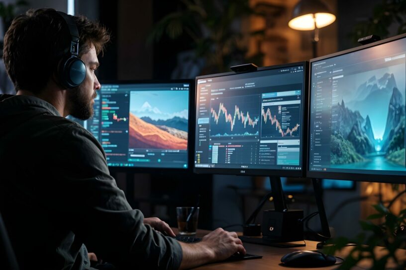 halloween_2024_monitoring Ein Mann mit Kopfhörern sitzt in einem abgedunkelten Raum vor mehreren Monitoren, auf denen verschiedene Überwachungs- und Analyseprogramme laufen.