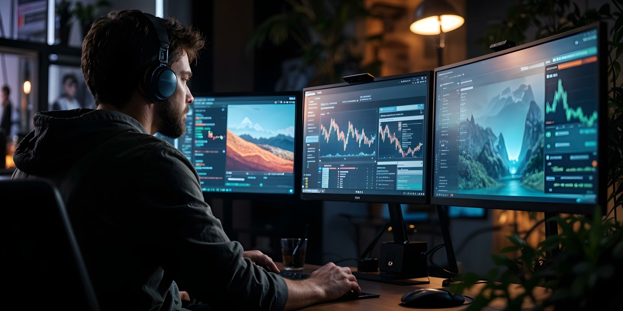 Ein Mann mit Kopfhörern sitzt in einem abgedunkelten Raum vor mehreren Monitoren, auf denen verschiedene Überwachungs- und Analyseprogramme laufen.