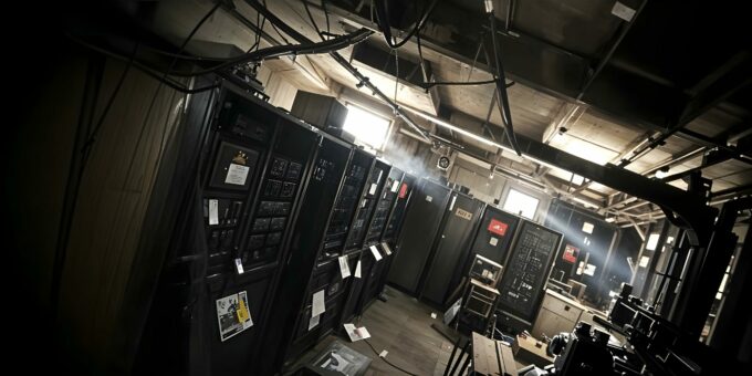 halloween_2024_vergessenes_Rechenzentrum Ein altes, staubiges Rechenzentrum mit dunklen Serverracks, herabhängenden Kabeln und schwachem Licht, das durch ein Fenster fällt.