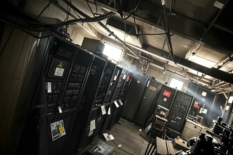 halloween_2024_vergessenes_Rechenzentrum Ein altes, staubiges Rechenzentrum mit dunklen Serverracks, herabhängenden Kabeln und schwachem Licht, das durch ein Fenster fällt.