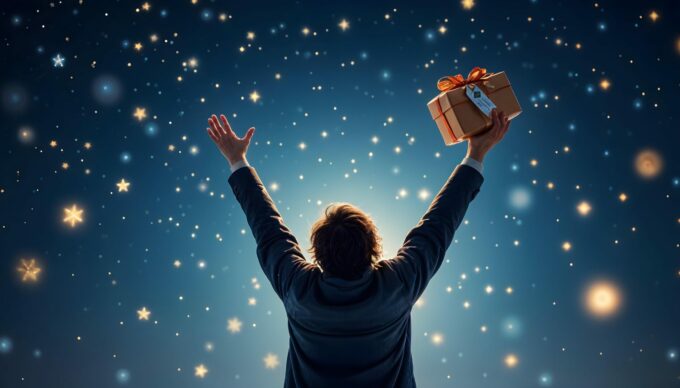 Weihnachten_paket Eine Person steht mit erhobenen Armen unter einem funkelnden Sternenhimmel und hält ein weihnachtlich verpacktes Geschenk in der Hand.