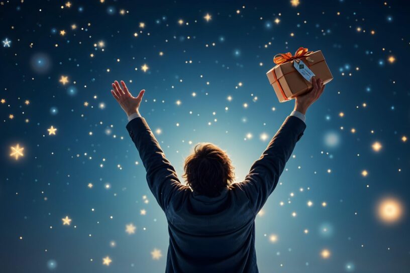 Weihnachten_paket Eine Person steht mit erhobenen Armen unter einem funkelnden Sternenhimmel und hält ein weihnachtlich verpacktes Geschenk in der Hand.