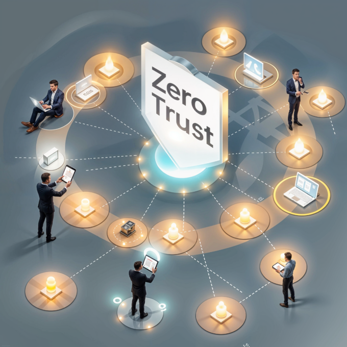 ZeroTrust Mehrere Personen und Geräte sind kreisförmig um ein zentrales Schild mit der Aufschrift „Zero Trust“ angeordnet, verbunden durch leuchtende Linien.