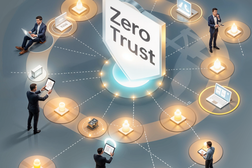 ZeroTrust Mehrere Personen und Geräte sind kreisförmig um ein zentrales Schild mit der Aufschrift „Zero Trust“ angeordnet, verbunden durch leuchtende Linien.