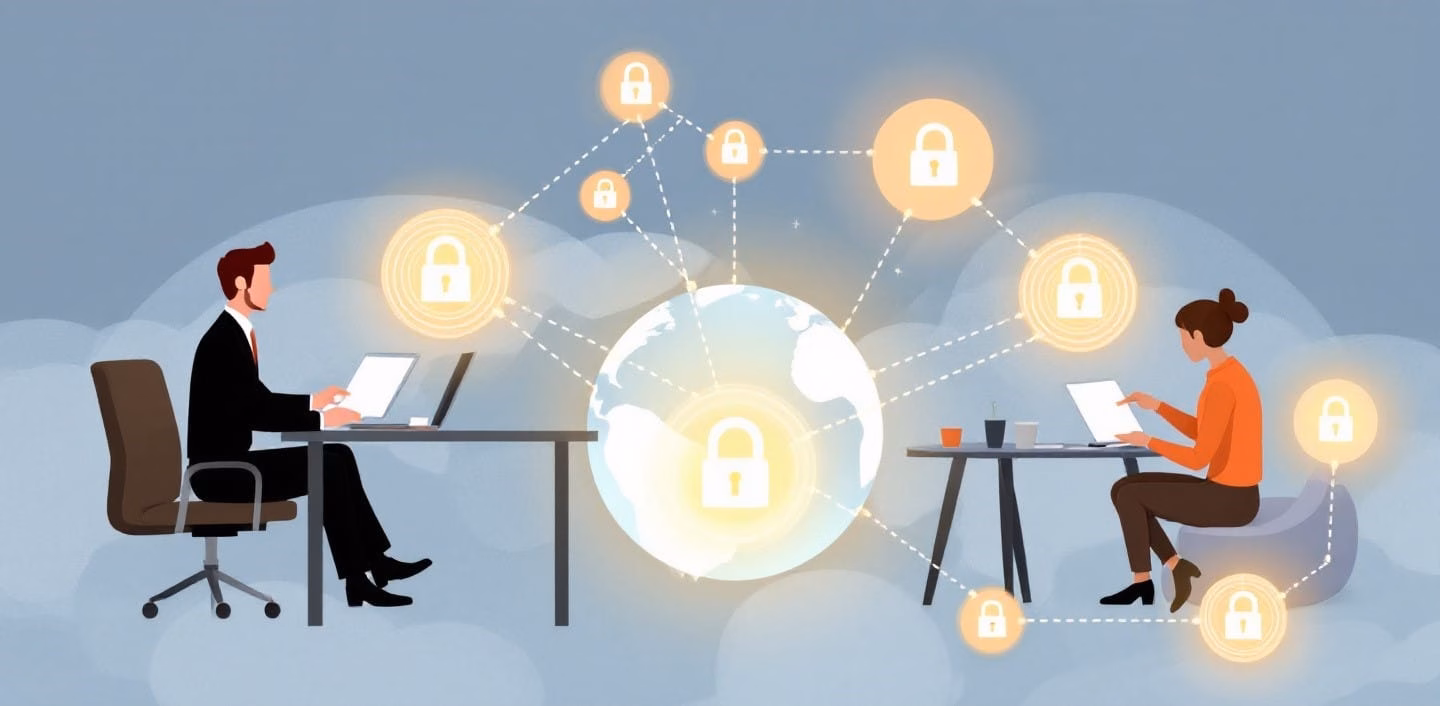 ZeroTrust_work Illustration einer vernetzten Weltkugel mit mehreren leuchtenden Symbolen von Vorhängeschlössern, die durch Linien miteinander verbunden sind. Links und rechts sitzen Personen an Schreibtischen mit Laptops.