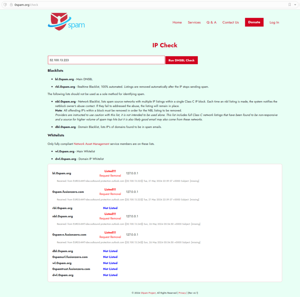 Screenshot einer Webseite zur Überprüfung von IP-Adressen auf Spam-Listen. Die Seite zeigt die IP-Adresse 52.100.13.223 und listet verschiedene Blacklists sowie deren Status auf.