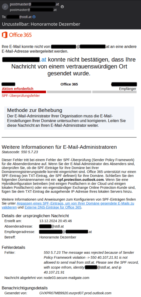 Screenshot einer E-Mail-Benachrichtigung aus Office 365 mit einer Fehlermeldung zur SPF-Überprüfung. Sensible Daten wie Absender und Empfänger sind geschwärzt.