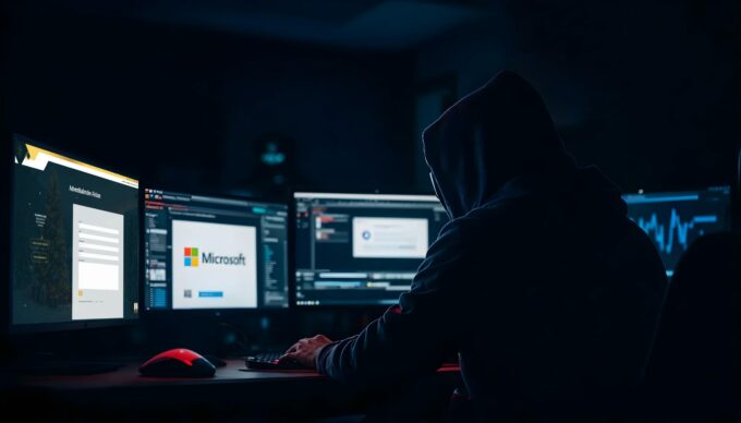 Phishing-Angriff_Microsoft-Cloud_SKAWINSKI_GmbH Eine Person mit Kapuze sitzt in einem dunklen Raum vor mehreren Monitoren, auf denen das Microsoft-Logo und eine Phishing-Nachricht zu sehen sind.