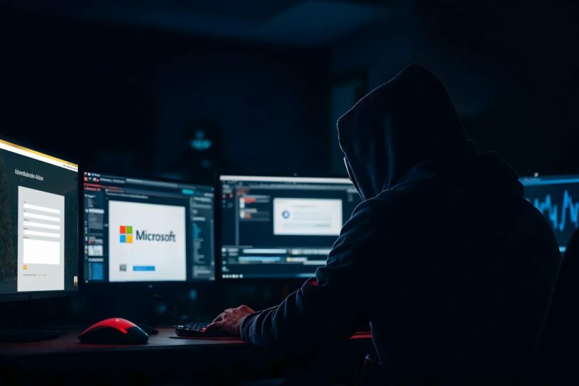 Phishing-Angriff_Microsoft-Cloud_SKAWINSKI_GmbH Eine Person mit Kapuze sitzt in einem dunklen Raum vor mehreren Monitoren, auf denen das Microsoft-Logo und eine Phishing-Nachricht zu sehen sind.