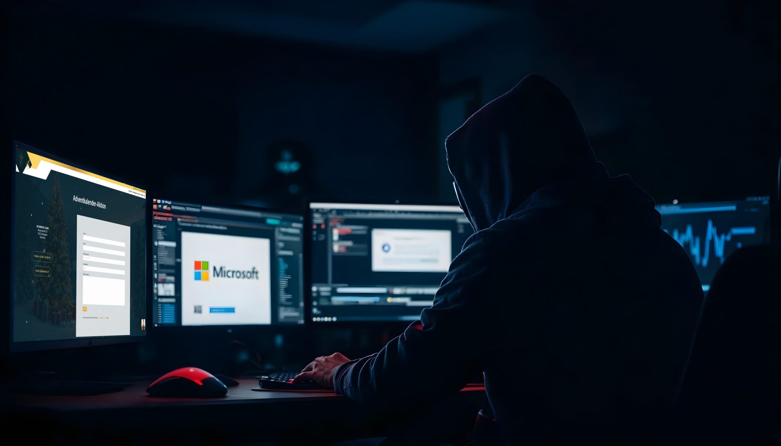 Eine Person mit Kapuze sitzt in einem dunklen Raum vor mehreren Monitoren, auf denen das Microsoft-Logo und eine Phishing-Nachricht zu sehen sind.