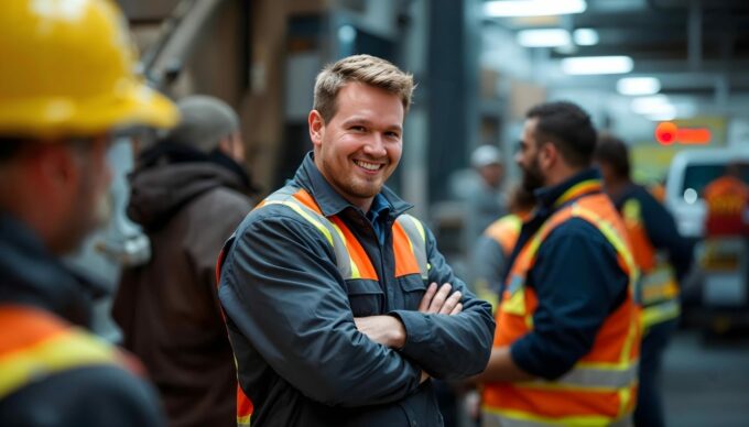 Robert_Skawinski_ehrenamt Ein lächelnder Mann in Arbeitskleidung und Warnweste steht mit verschränkten Armen in einer Werkhalle. Im Hintergrund sind weitere Personen in ähnlicher Kleidung zu sehen.