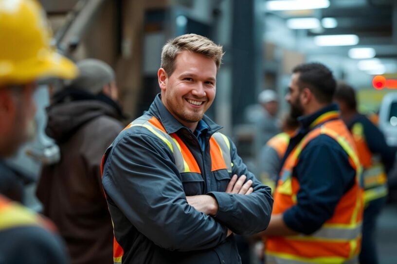 Robert_Skawinski_ehrenamt Ein lächelnder Mann in Arbeitskleidung und Warnweste steht mit verschränkten Armen in einer Werkhalle. Im Hintergrund sind weitere Personen in ähnlicher Kleidung zu sehen.