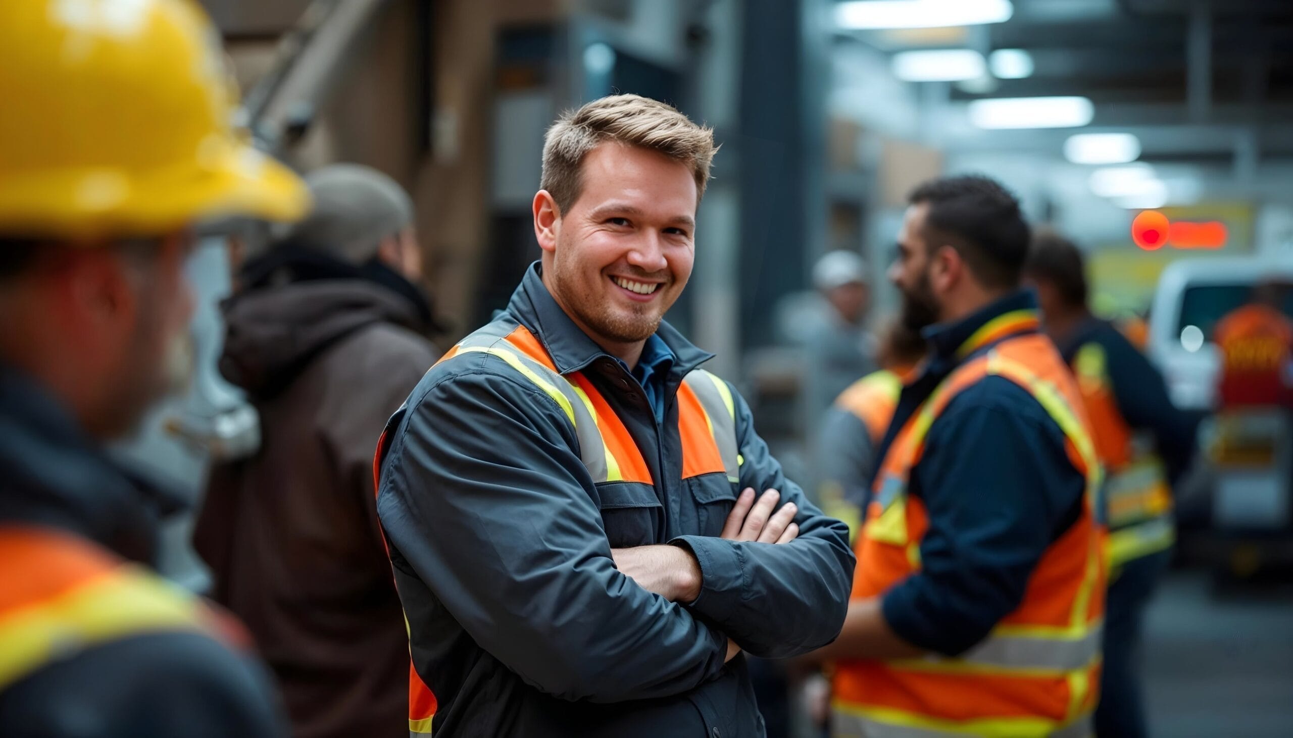 Ein lächelnder Mann in Arbeitskleidung und Warnweste steht mit verschränkten Armen in einer Werkhalle. Im Hintergrund sind weitere Personen in ähnlicher Kleidung zu sehen.