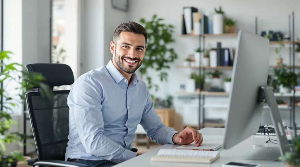 Freundlicher IT-Experte berät Kunden im Büro Freundlicher IT-Experte in einem modernen Büro, der lächelnd an einem Schreibtisch sitzt und auf einen Computerbildschirm schaut, bereit zur Beratung oder Unterstützung.