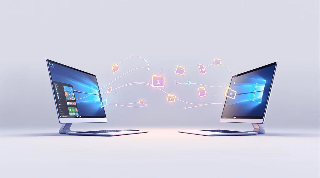 Datenmigration zwischen zwei Desktop-Computern Zwei Desktop-Computer, die sich gegenüberstehen, mit animierten Symbolen von Dateien und Ordnern, die zwischen den Bildschirmen übertragen werden. Auf dem linken Bildschirm ist das Windows-Startmenü geöffnet.