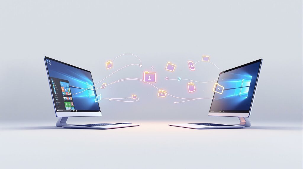 Datenmigration zwischen zwei Desktop-Computern Zwei Desktop-Computer, die sich gegenüberstehen, mit animierten Symbolen von Dateien und Ordnern, die zwischen den Bildschirmen übertragen werden. Auf dem linken Bildschirm ist das Windows-Startmenü geöffnet.