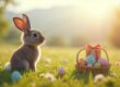 Ein Hase sitzt auf einer sonnigen Wiese neben einem Korb mit bunten Ostereiern.