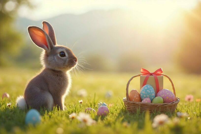 Osterhasen-in-einer-schnen-Land Ein Hase sitzt auf einer sonnigen Wiese neben einem Korb mit bunten Ostereiern.