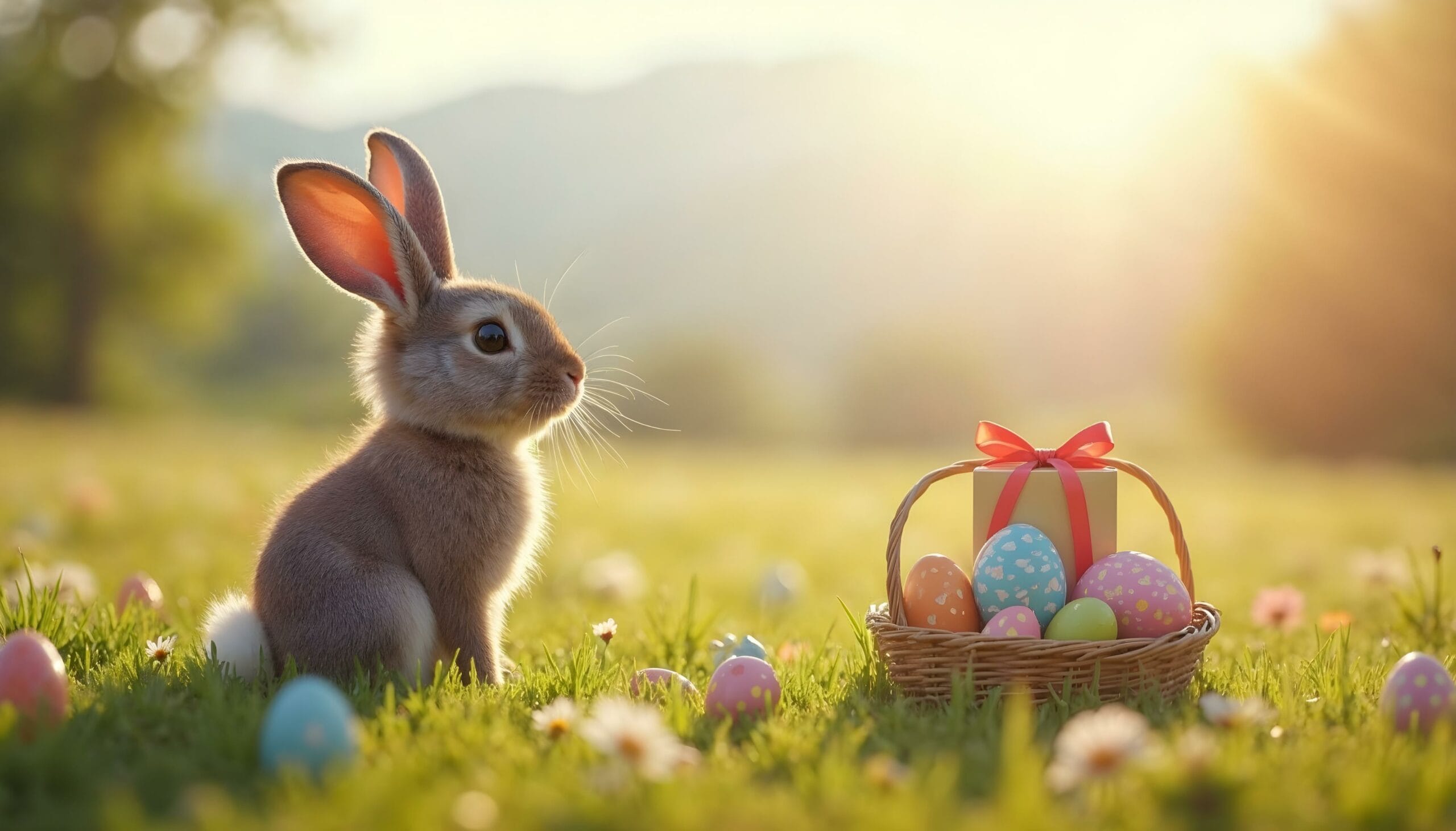 Osterhasen-in-einer-schnen-Land Ein Hase sitzt auf einer sonnigen Wiese neben einem Korb mit bunten Ostereiern.