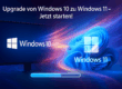 Upgrade von Windows 10 zu Windows 11 - Jetzt starten! Bildschirm mit Windows 10 Logo links und Windows 11 Logo rechts, verbunden durch einen Fortschrittsbalken auf blauem Hintergrund mit dynamischen Lichteffekten.