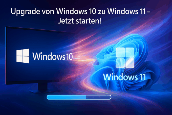 Upgrade von Windows 10 zu Windows 11 - Jetzt starten! Bildschirm mit Windows 10 Logo links und Windows 11 Logo rechts, verbunden durch einen Fortschrittsbalken auf blauem Hintergrund mit dynamischen Lichteffekten.
