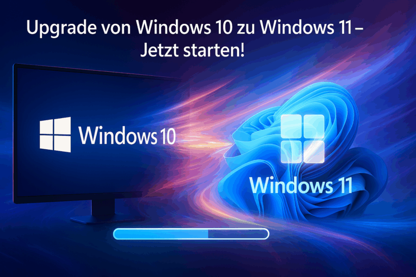 News 2 Upgrade von Windows 10 zu Windows 11 - Jetzt starten! Bildschirm mit Windows 10 Logo links und Windows 11 Logo rechts, verbunden durch einen Fortschrittsbalken auf blauem Hintergrund mit dynamischen Lichteffekten.