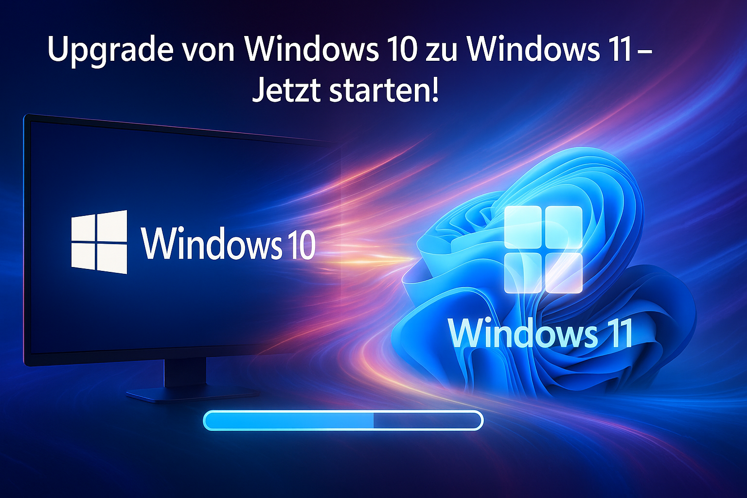 Upgrade von Windows 10 zu Windows 11 - Jetzt starten! Bildschirm mit Windows 10 Logo links und Windows 11 Logo rechts, verbunden durch einen Fortschrittsbalken auf blauem Hintergrund mit dynamischen Lichteffekten.