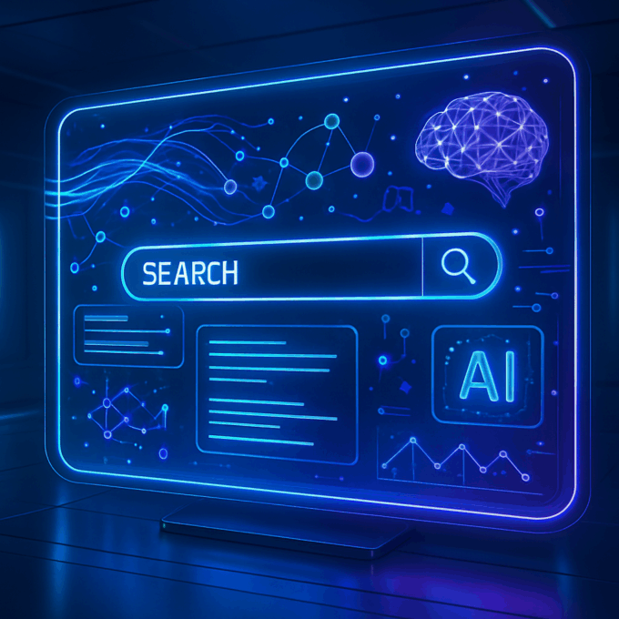 perplexity-ki-suchmaschine-futuristisch.png Futuristisches Interface einer KI-Suchmaschine mit leuchtenden Farben und modernen Designelementen