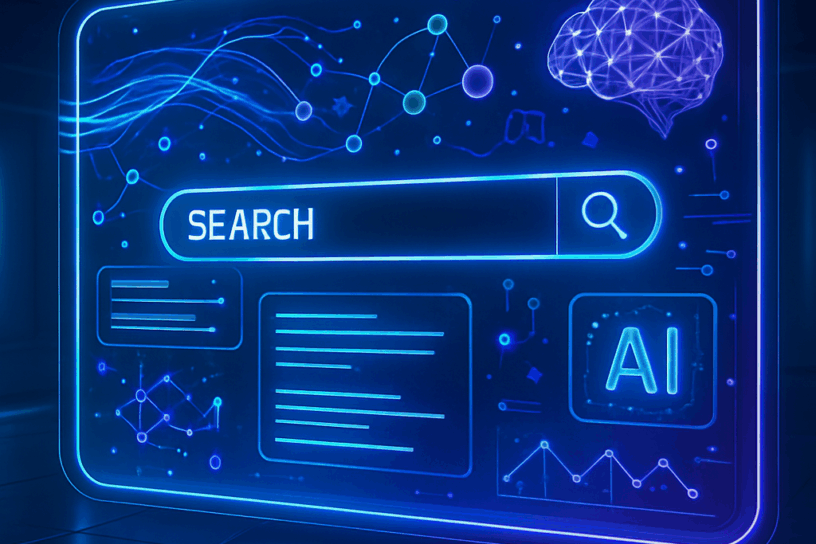 perplexity-ki-suchmaschine-futuristisch.png Futuristisches Interface einer KI-Suchmaschine mit leuchtenden Farben und modernen Designelementen