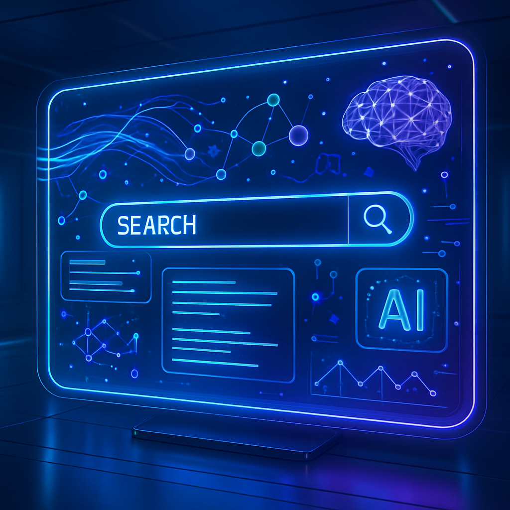 Futuristisches Interface einer KI-Suchmaschine mit leuchtenden Farben und modernen Designelementen